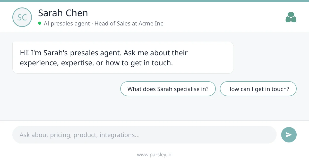 LinkedIn Featured section chat card showing an AI presales agent preview