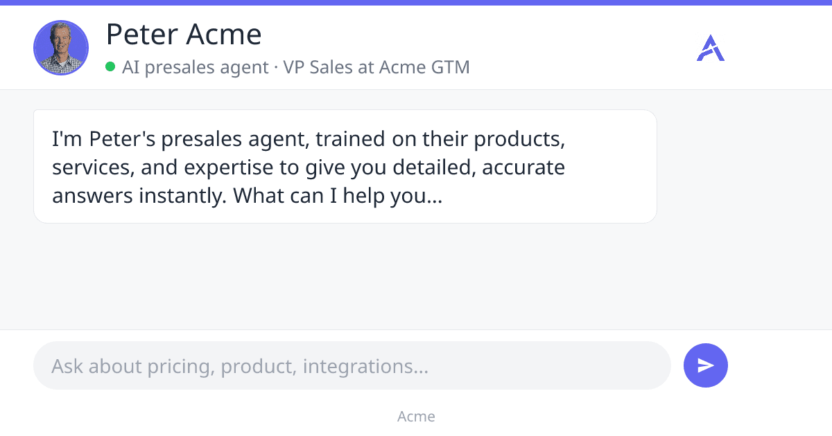 A Parsley link unfurled on LinkedIn as a chat card, showing the rep's photo, title, and the presales agent's opening message with a question box.