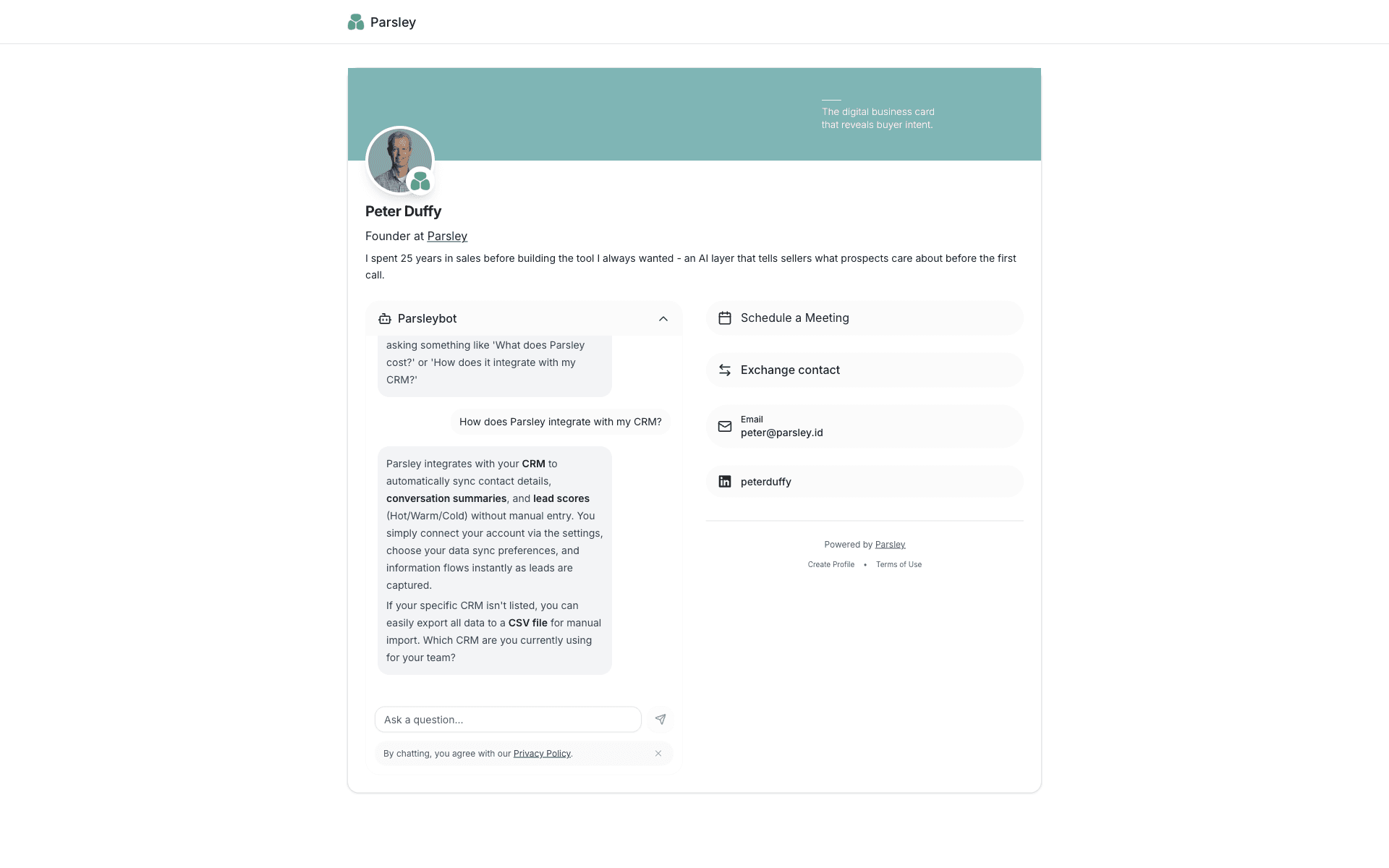 Profile Chatbot - Parsley feature screenshot