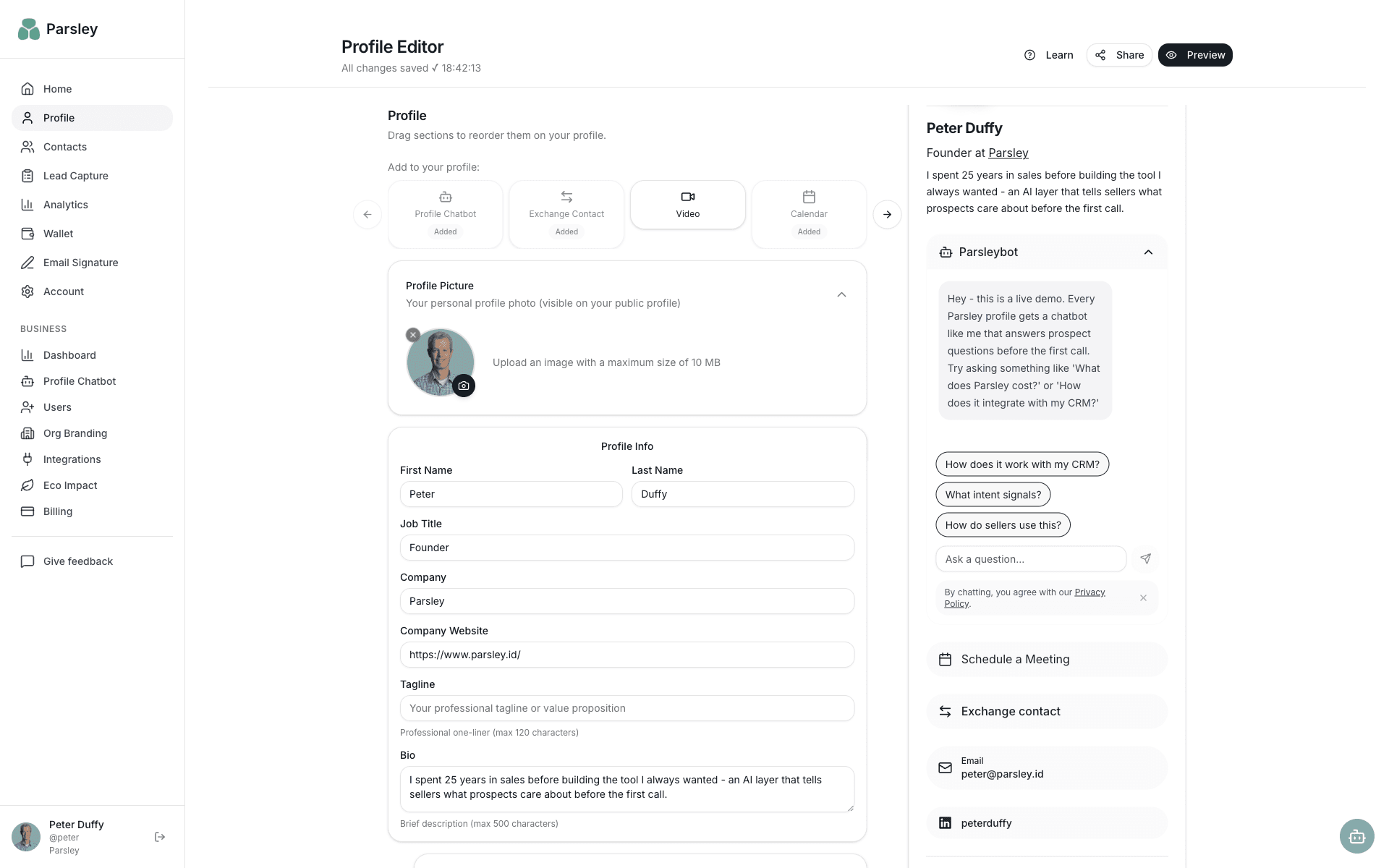 Your Profile - Parsley feature screenshot