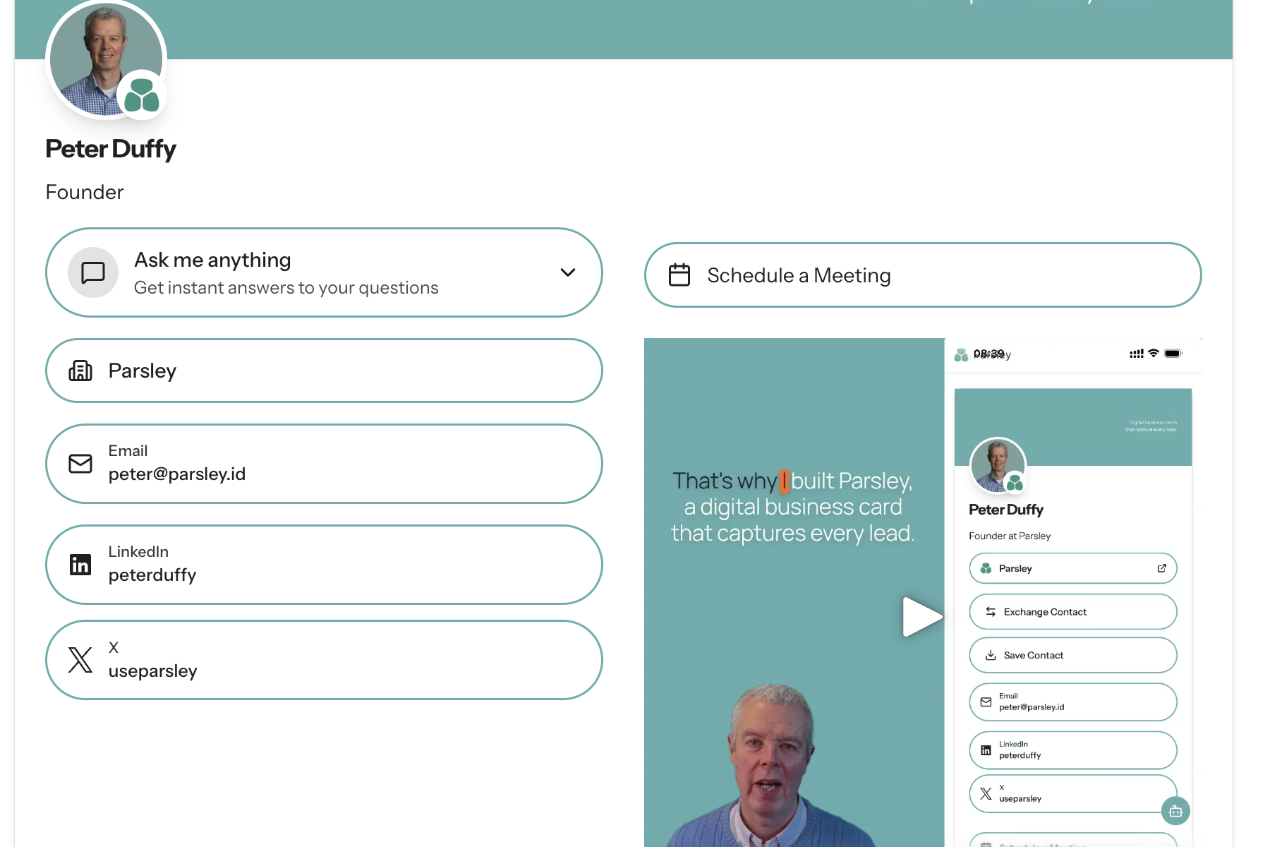 Parsley profile showing chatbot, video, calendar, and social links